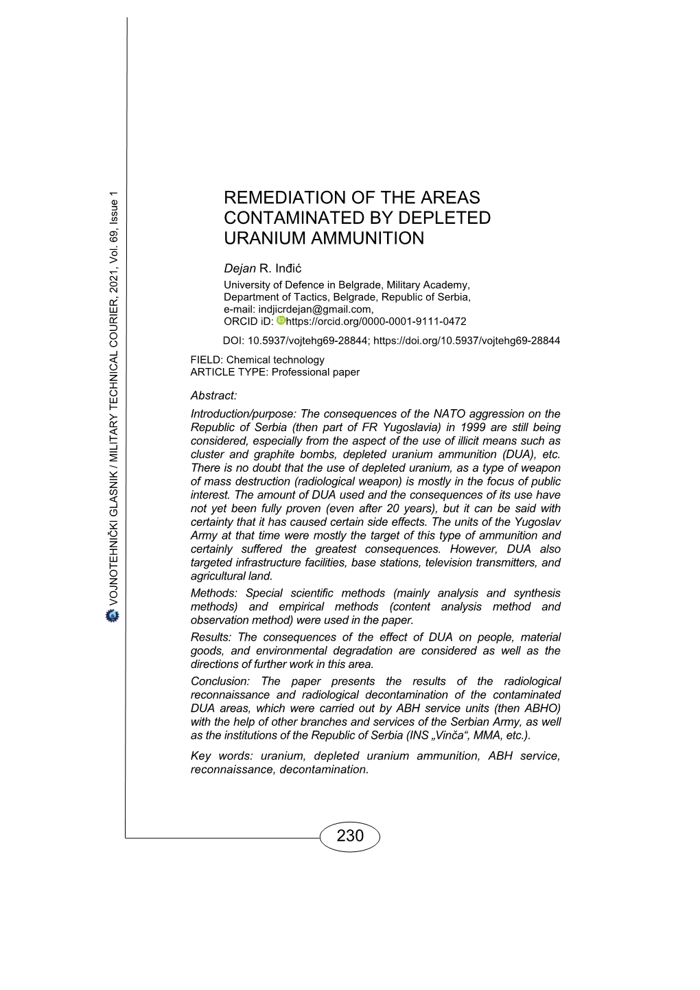 Remediation of the Areas Contaminated by Depleted Uranium Ammunition