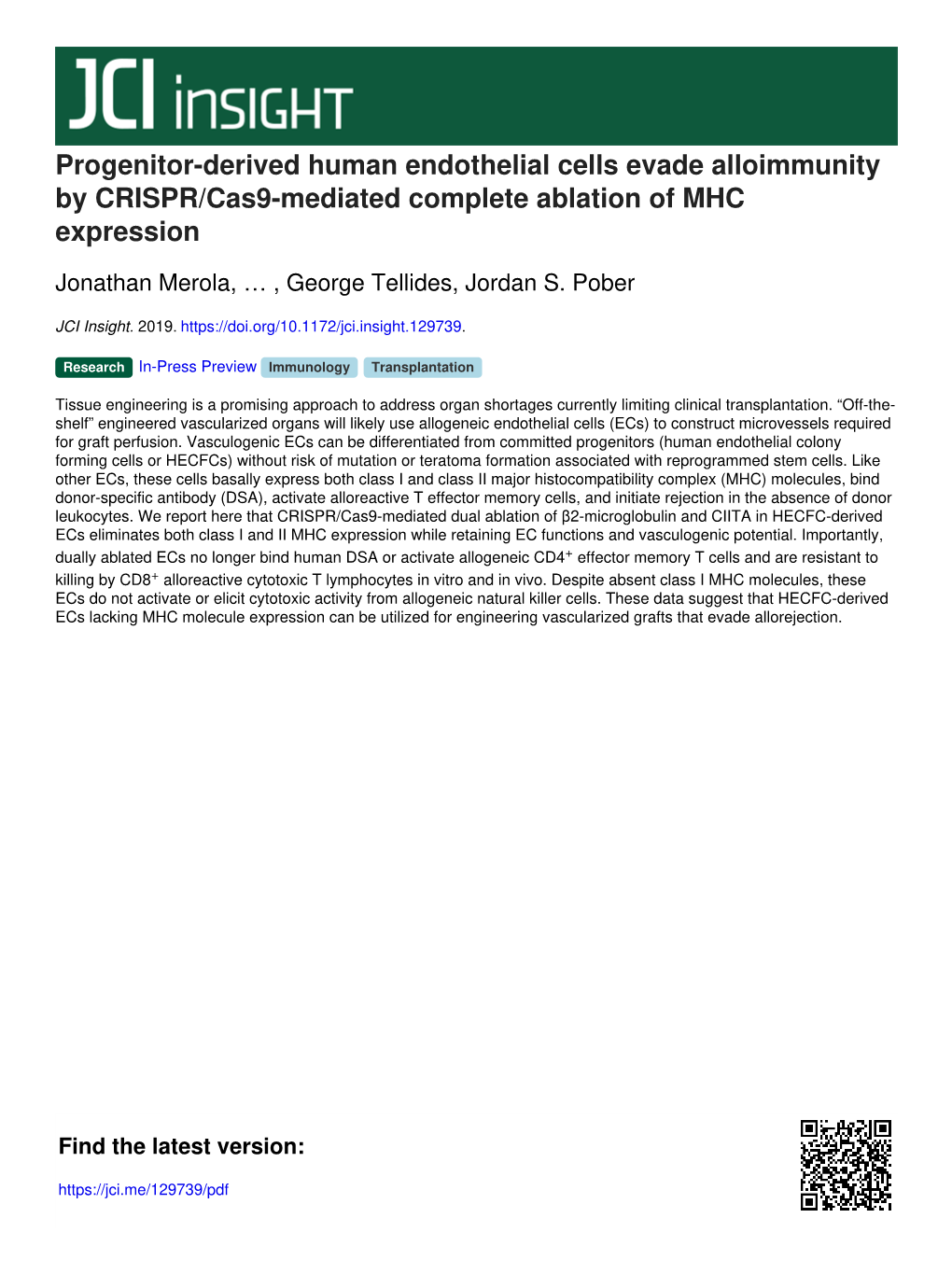 Progenitor-Derived Human Endothelial Cells Evade Alloimmunity by CRISPR/Cas9-Mediated Complete Ablation of MHC Expression