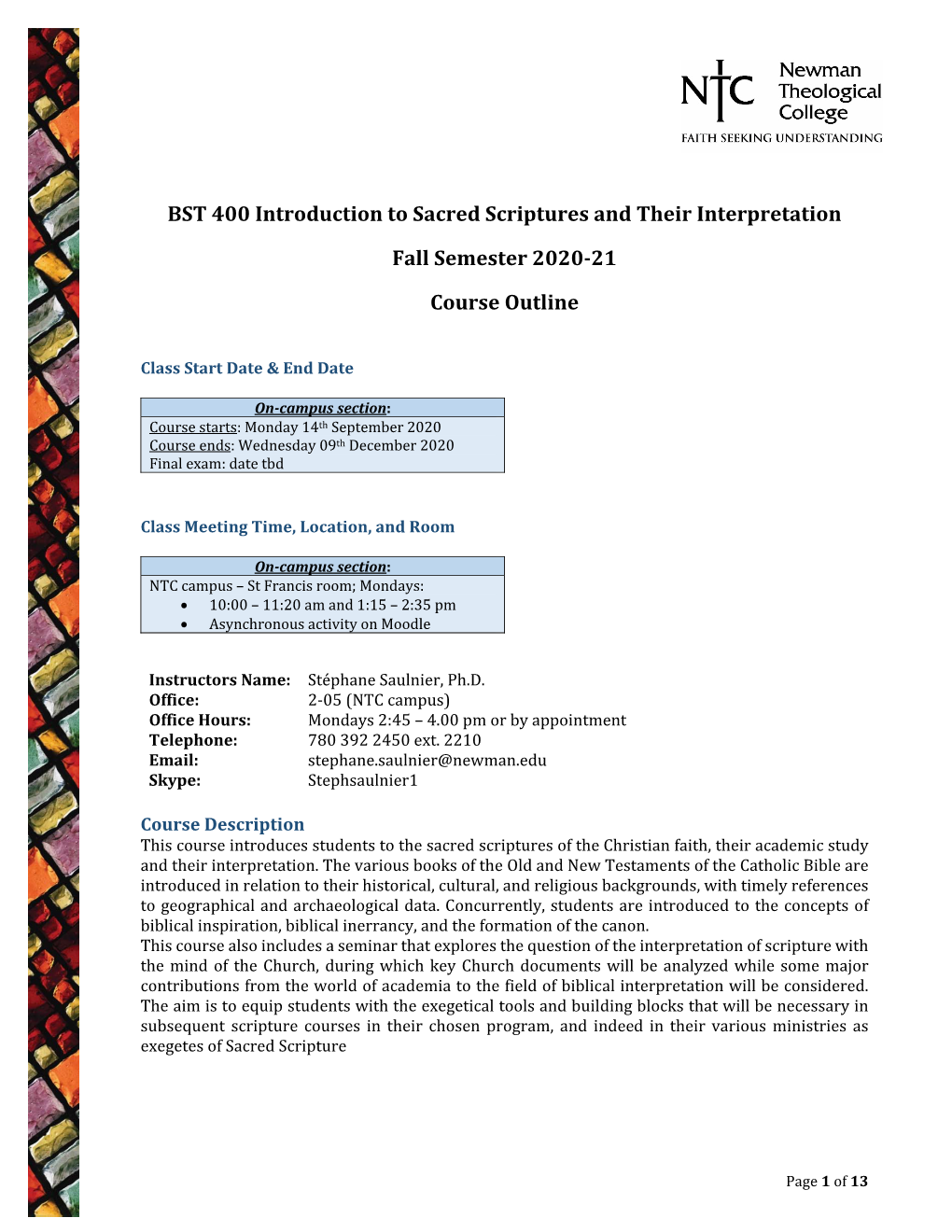 BST 400 Introduction to Sacred Scriptures and Their Interpretation