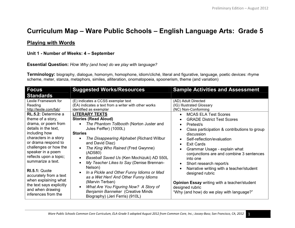 Curriculum Map – Ware Public Schools – English Language Arts: Grade 5