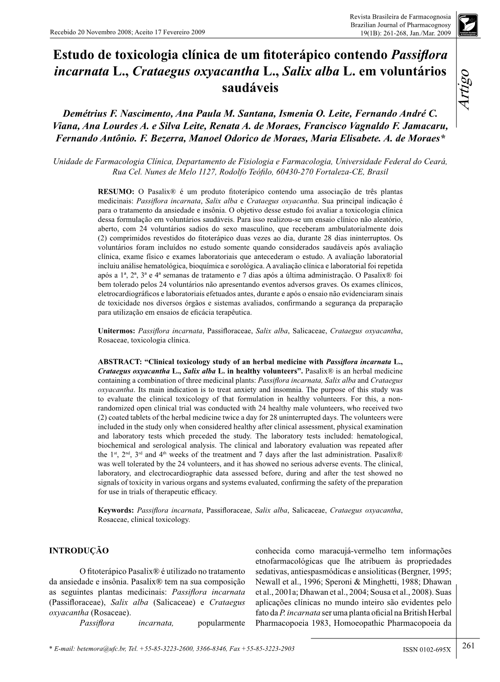 Estudo De Toxicologia Clínica De Um Fitoterápico Contendo Passiflora