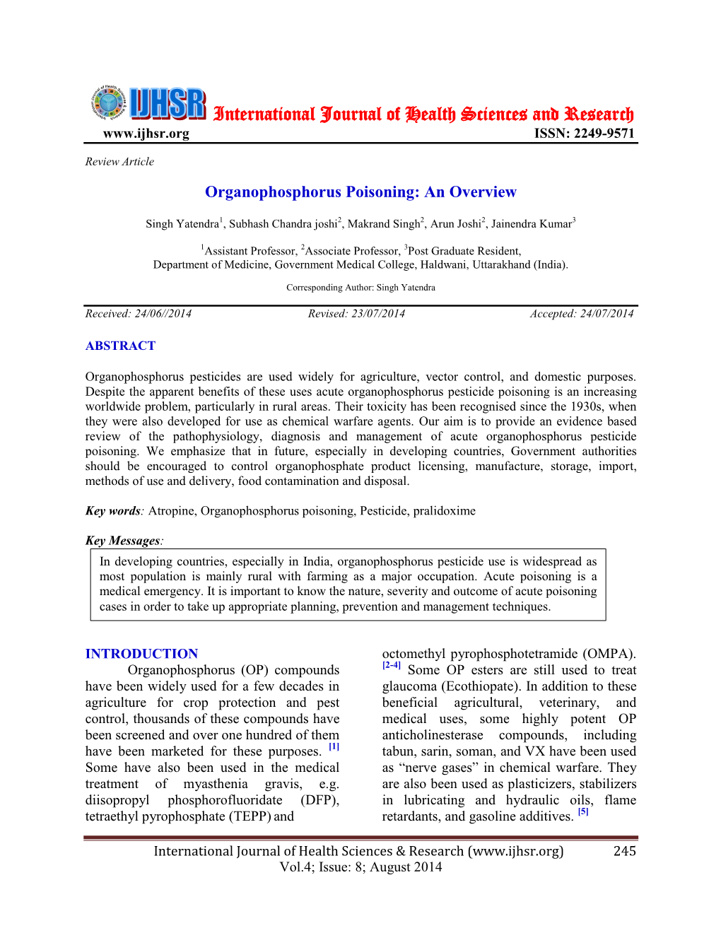 Organophosphorus Poisoning: an Overview