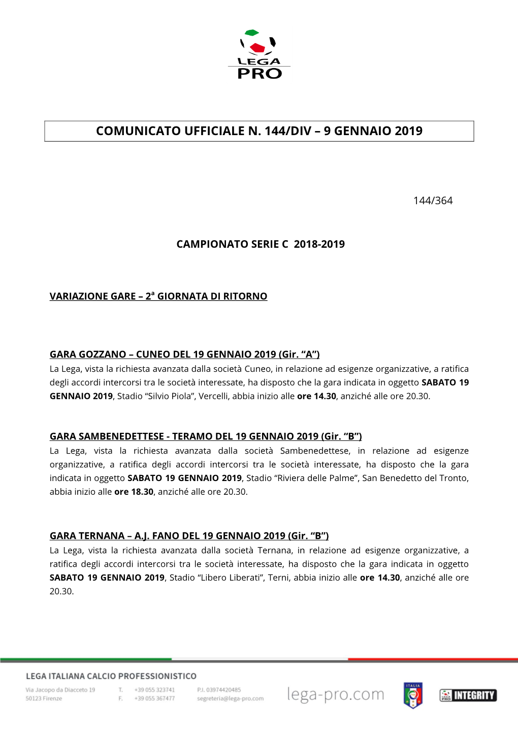 Comunicato Ufficiale N. 144/Div – 9 Gennaio 2019