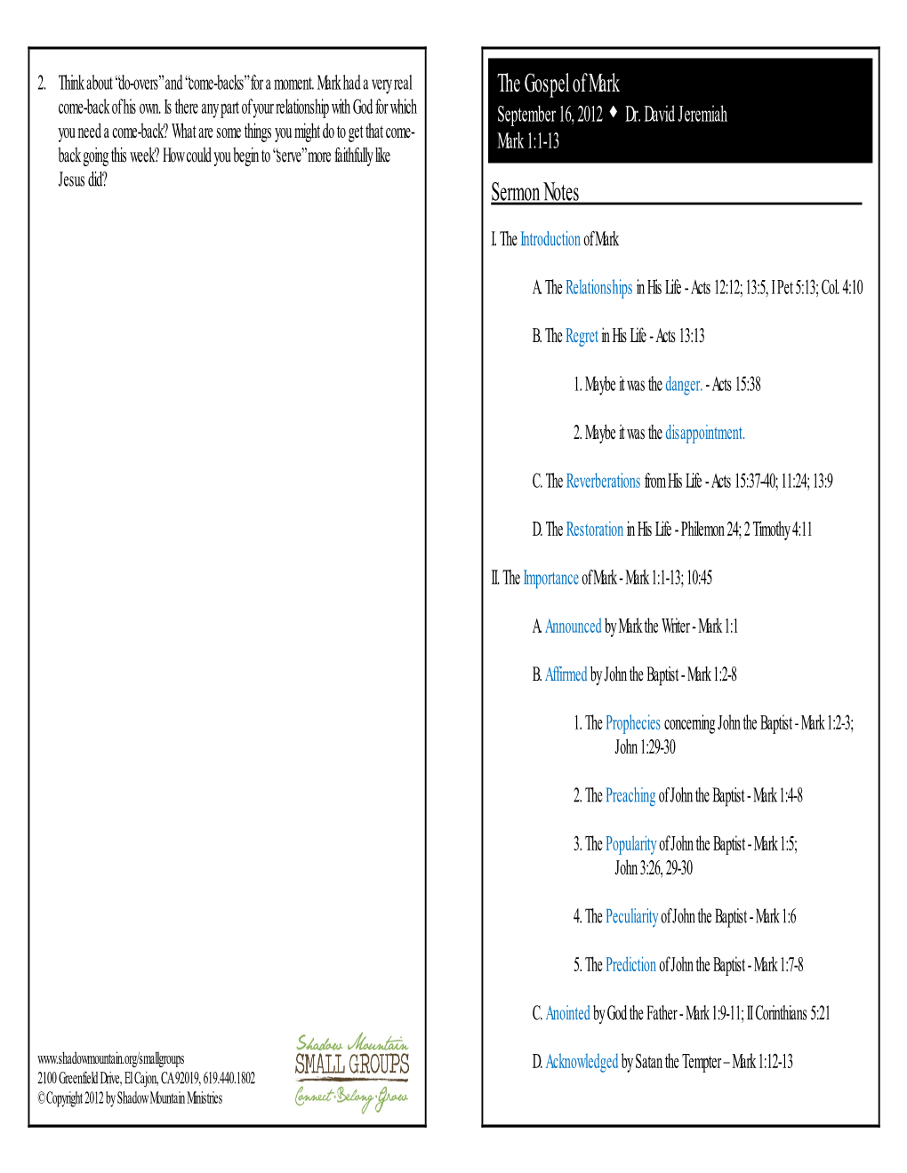 Sermon Notes the Gospel of Mark