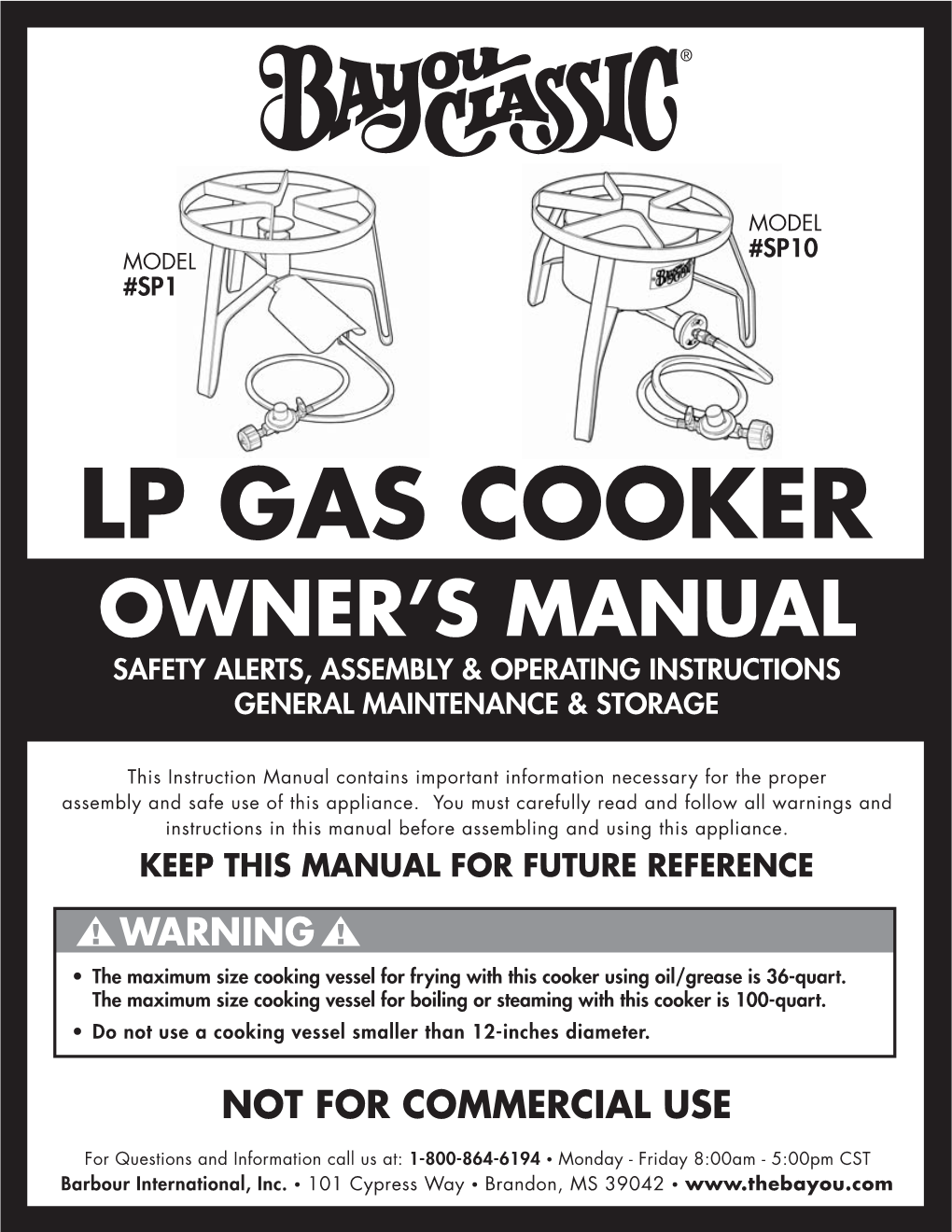 Lp Gas Cooker Owner’S Manual Safety Alerts, Assembly & Operating Instructions General Maintenance & Storage