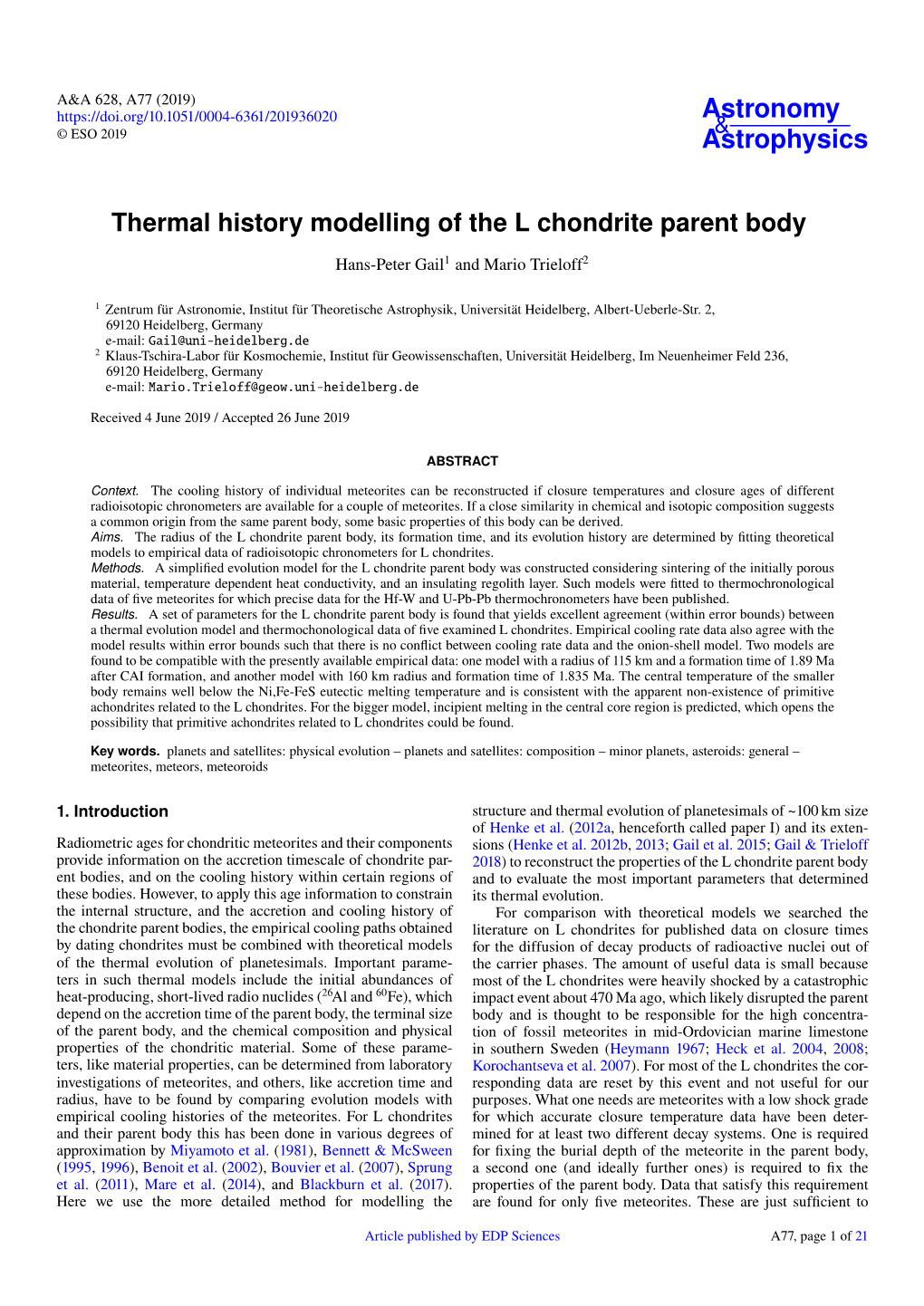 Thermal History Modelling of the L Chondrite Parent Body