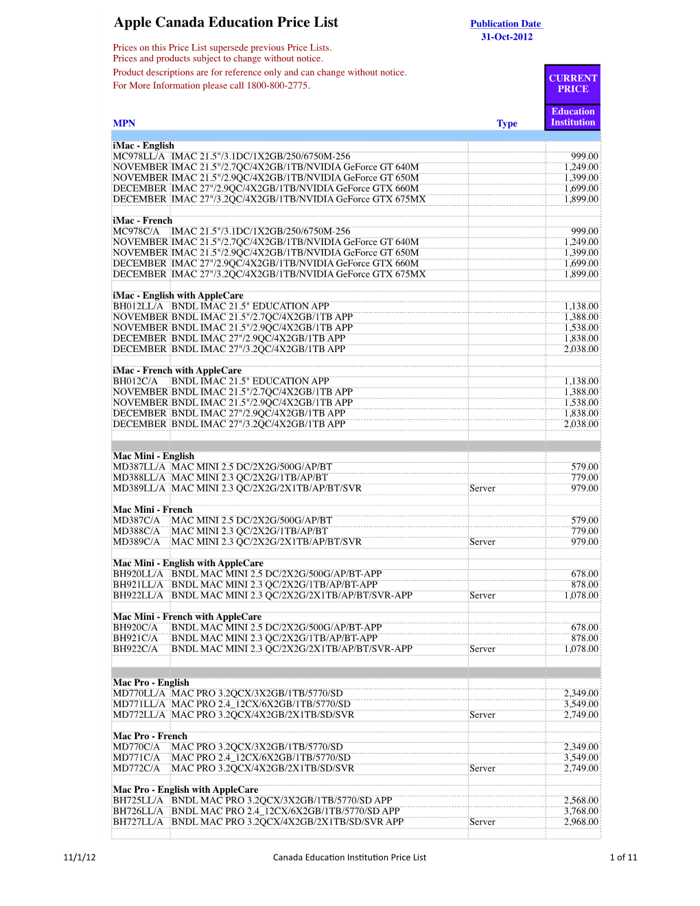 Canada Price List 11012012