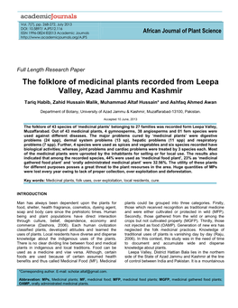 The Folklore of Medicinal Plants Recorded from Leepa Valley, Azad Jammu and Kashmir
