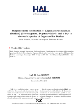 Supplementary Description of Digamasellus Punctum (Berlese