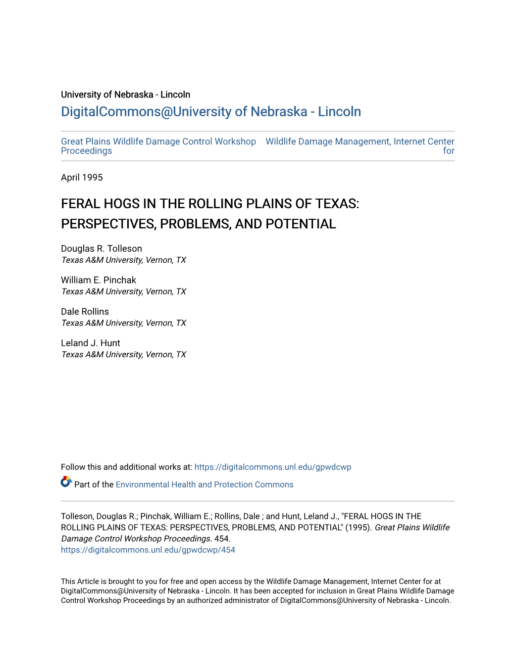 Feral Hogs in the Rolling Plains of Texas: Perspectives, Problems, and Potential