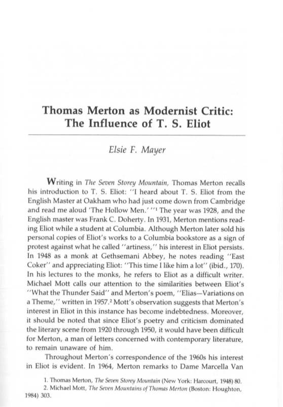 Thomas Merton As Modernist Critic: the Influence of T. S. Eliot