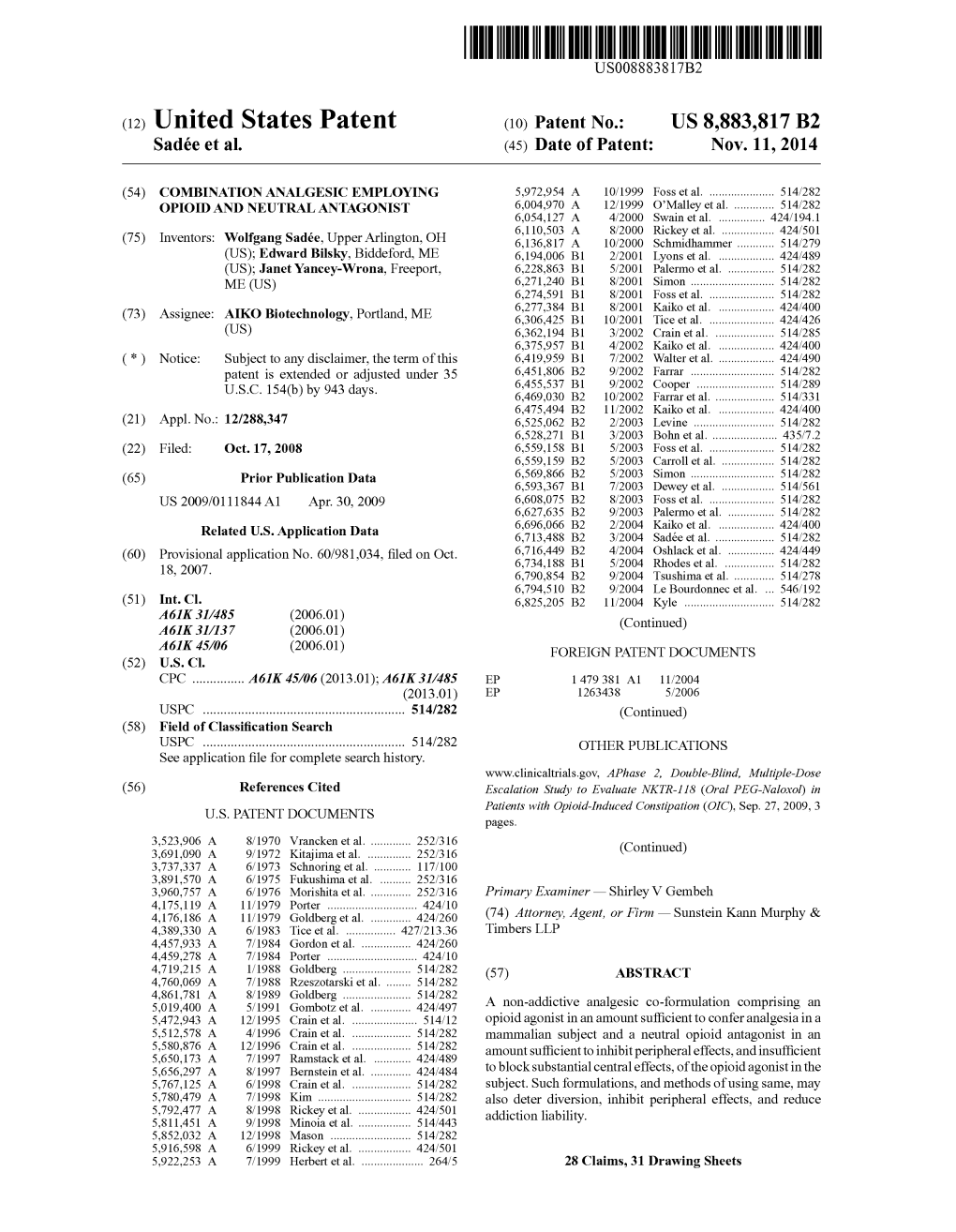(12) United States Patent (10) Patent No.: US 8,883,817 B2 Sadée Et Al