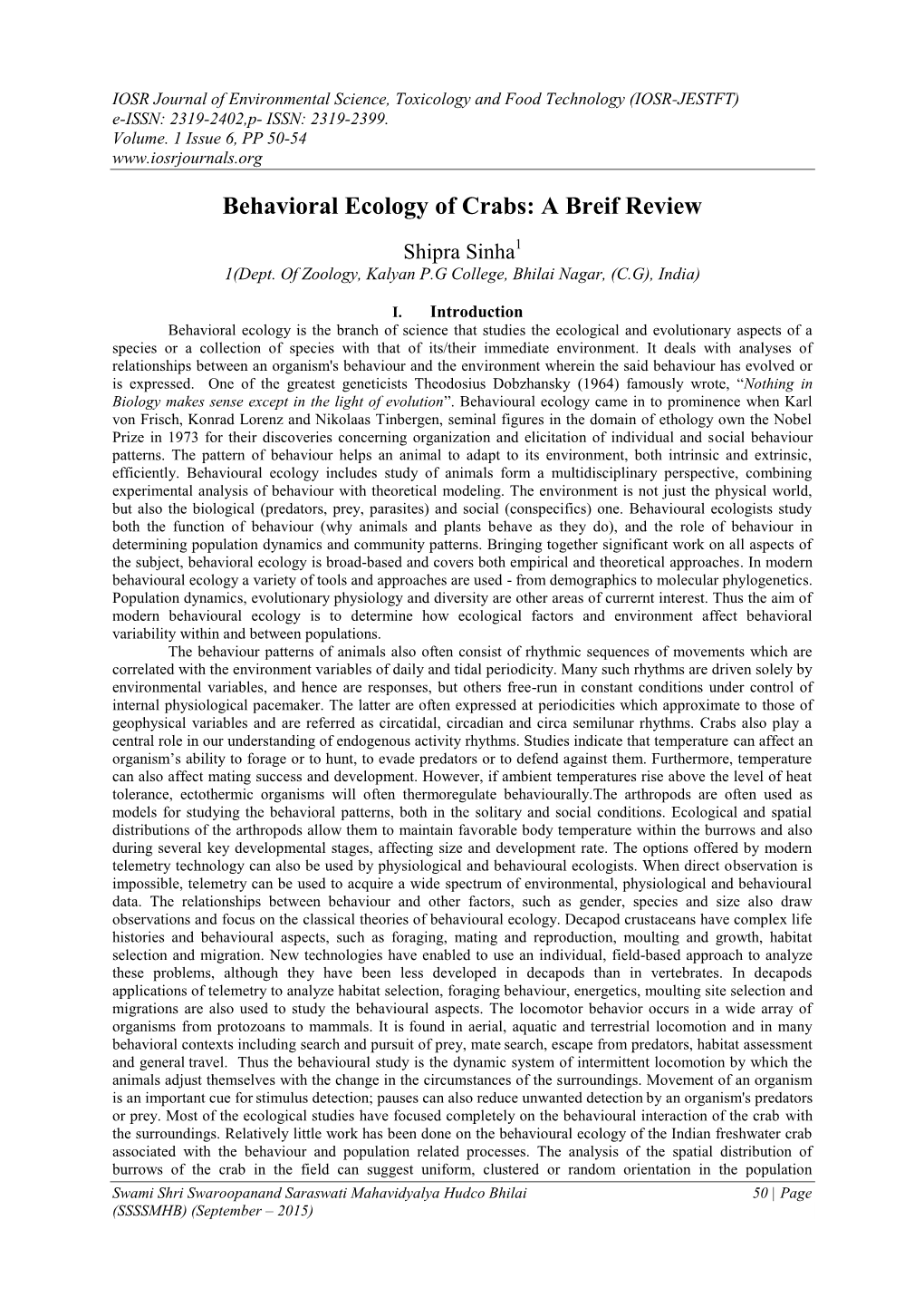 Behavioral Ecology of Crabs: a Breif Review