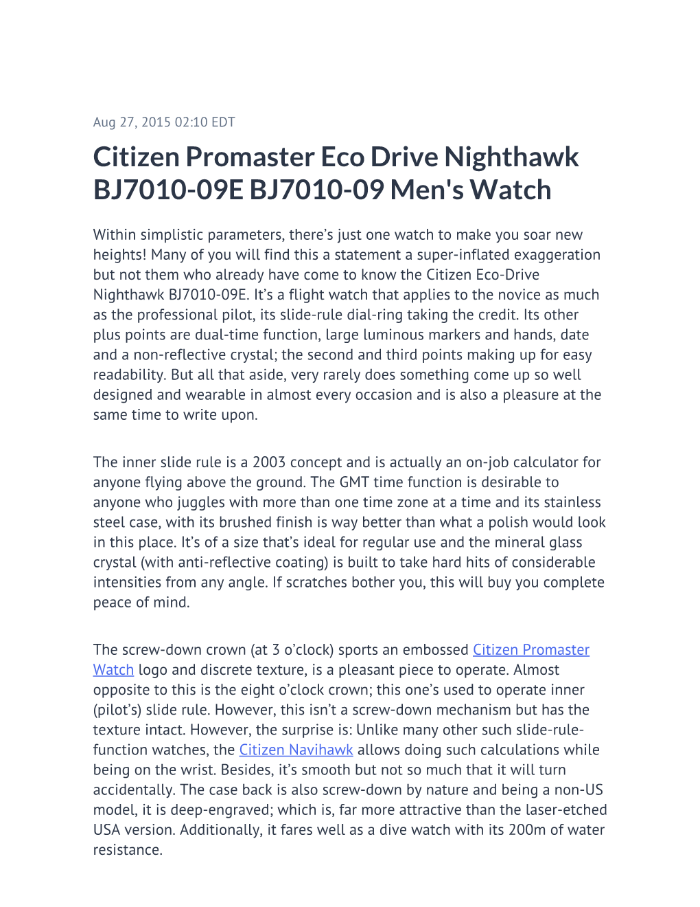 Citizen Promaster Eco Drive Nighthawk BJ7010-09E BJ7010-09 Men's Watch