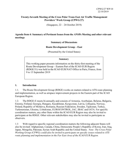 Twenty-Seventh Meeting of the Cross Polar Trans East Air Traffic Management Providers’ Work Group (CPWG/27) (Singapore, 22 – 24 October 2019)