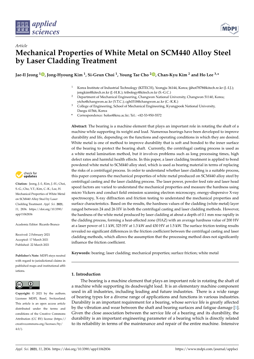 Mechanical Properties of White Metal on SCM440 Alloy Steel by Laser Cladding Treatment