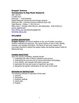 Droppin' Science Introduction to Rap Music Research SYLLABUS
