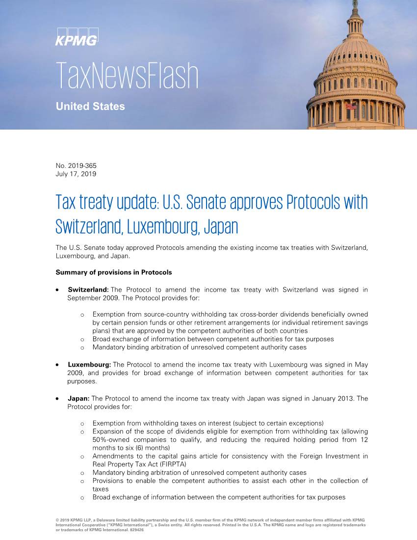 Tax Treaty Update: U.S. Senate Approves Protocols with Switzerland, Luxembourg, Japan