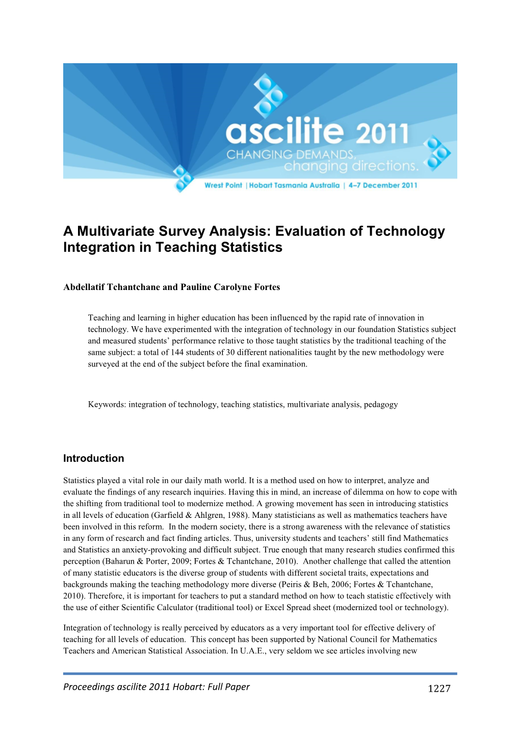 A Multivariate Survey Analysis: Evaluation of Technology Integration in Teaching Statistics