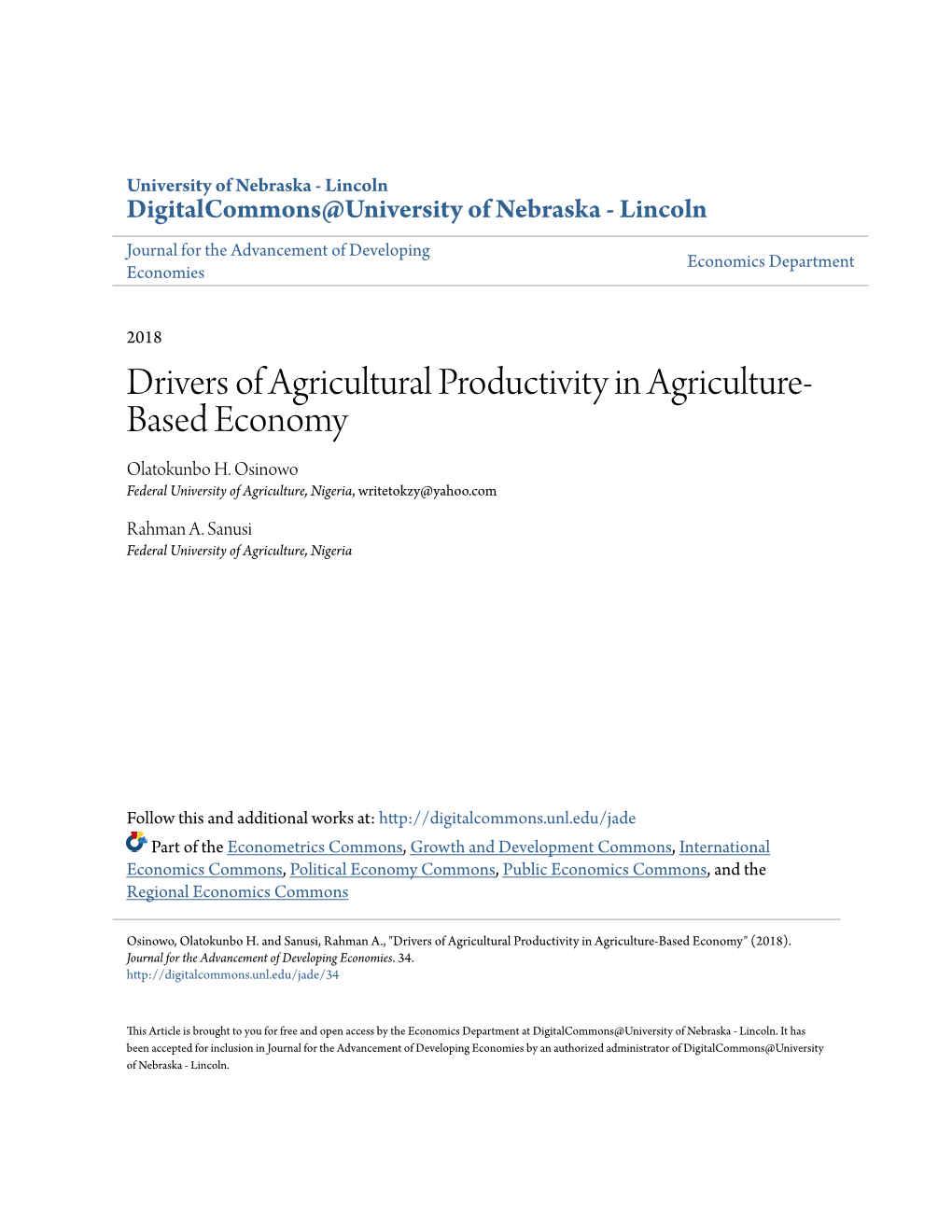 Drivers of Agricultural Productivity in Agriculture-Based Economy" (2018)