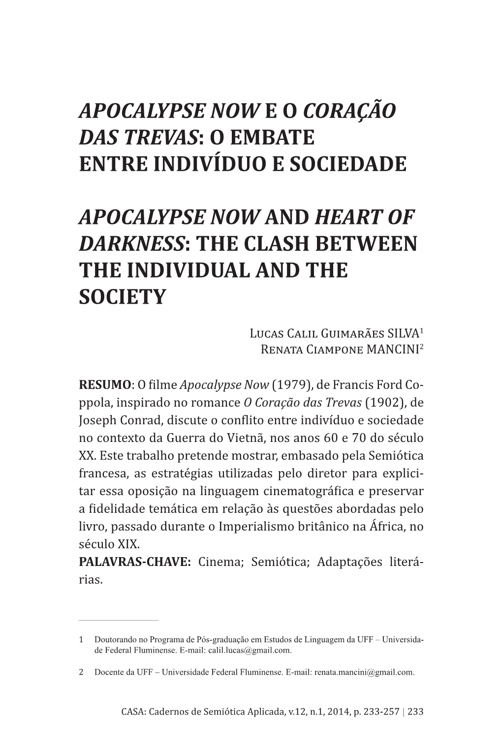 Apocalypse Now E O Coração Das Trevas: O Embate Entre Indivíduo E Sociedade