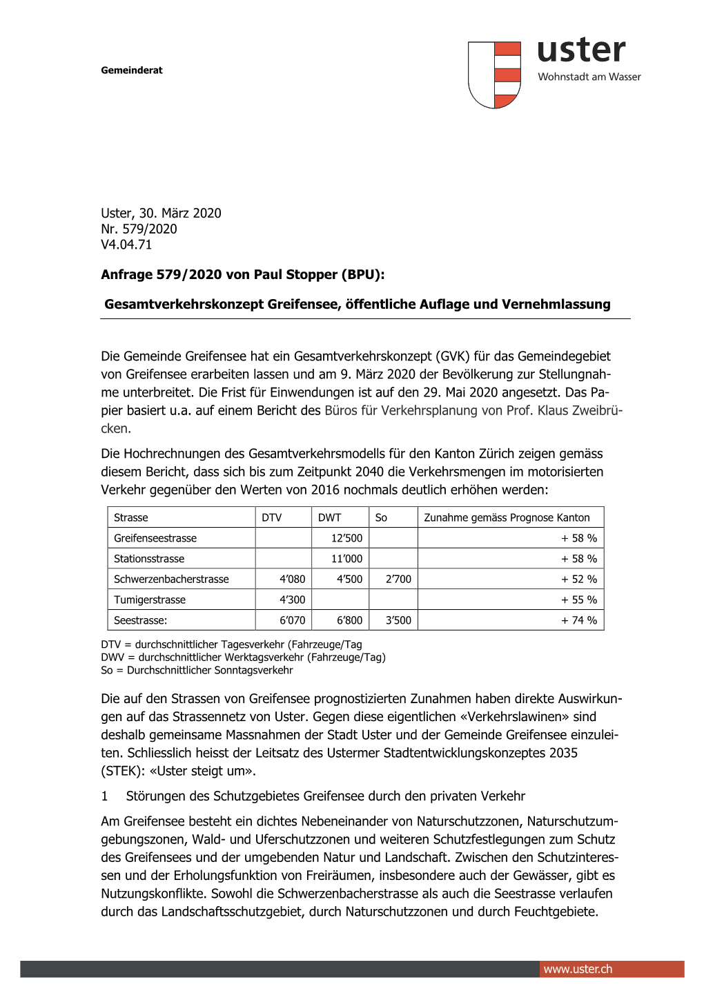 Gesamtverkehrskonzept Greifensee, Öffentliche Auflage Und Vernehmlassung