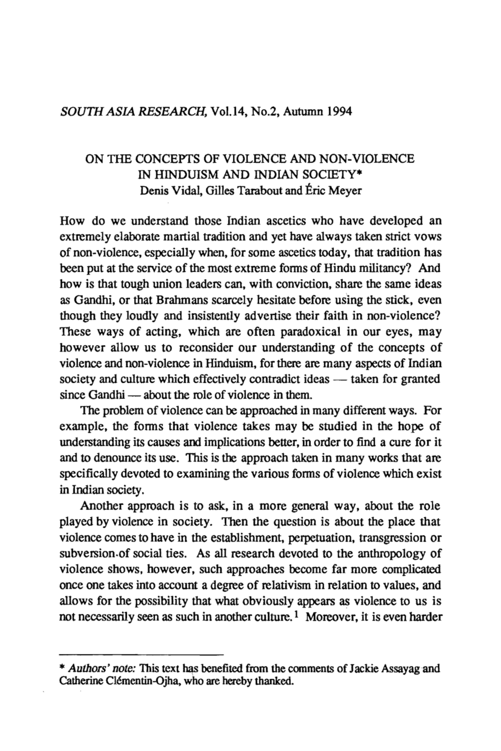On the Concepts of Violence and Non-Violence in Hinduism and Indian Society