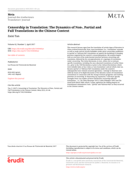 Censorship in Translation: the Dynamics of Non-, Partial and Full Translations in the Chinese Context Zaixi Tan