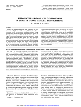 Reproductive Anatomy and Gametogenesis in Shipleya Inermis (Cestoda: Dioecocestidae) R