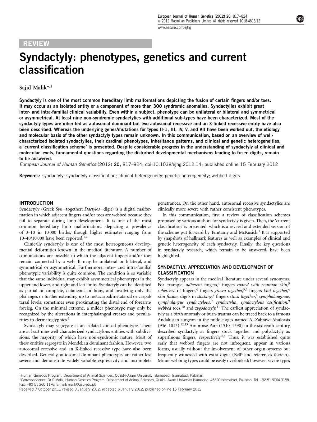 Syndactyly: Phenotypes, Genetics and Current Classification