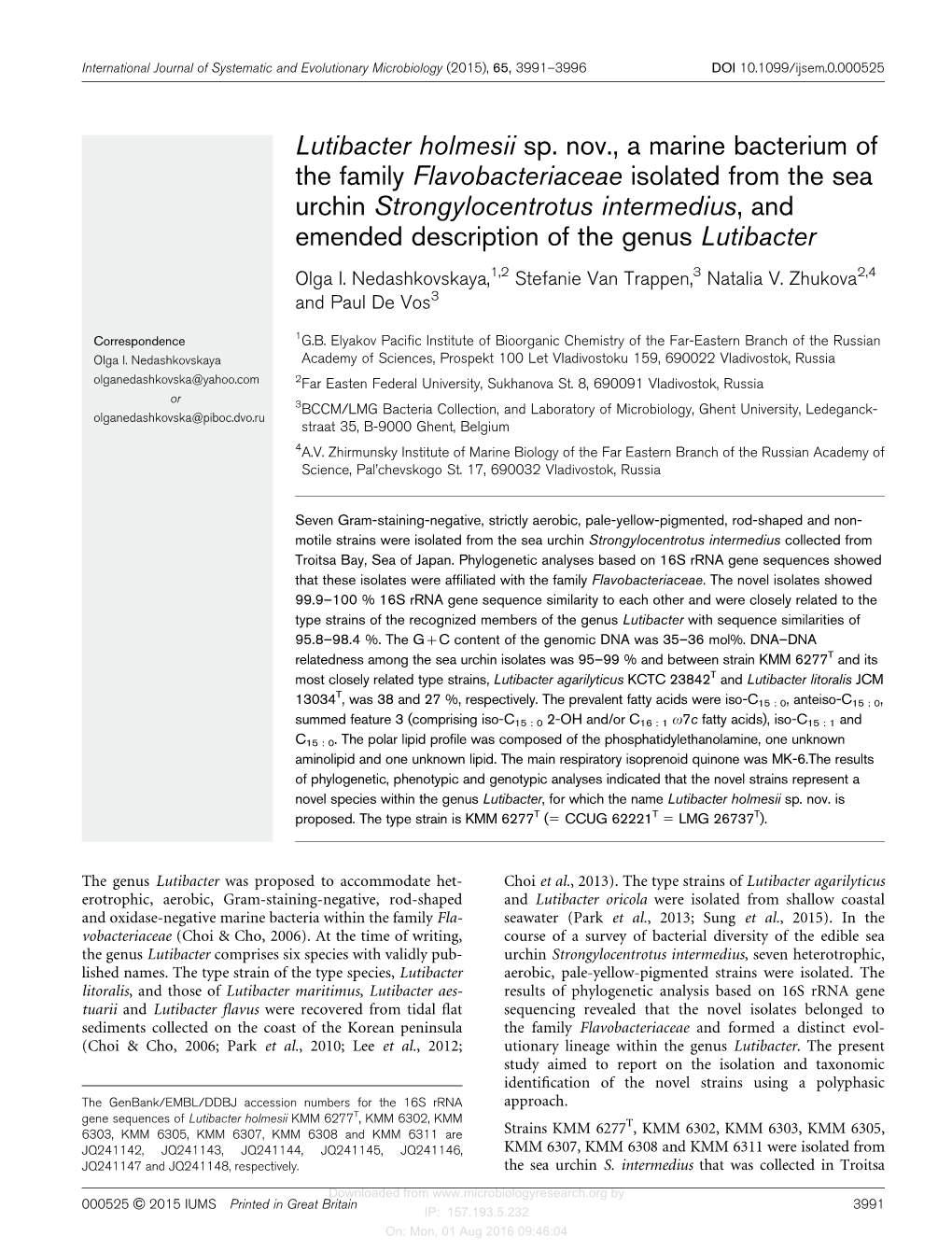 Lutibacter Holmesii Sp. Nov., a Marine Bacterium of the Family