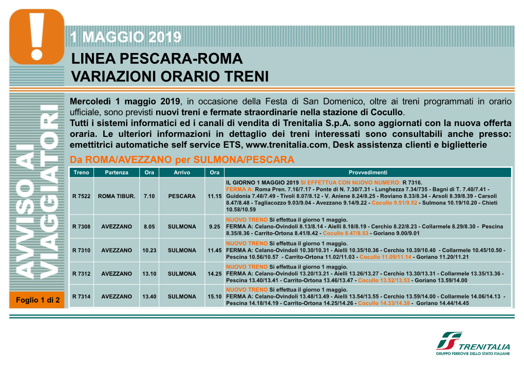 1 Maggio 2019 Linea Pescara-Roma Variazioni Orario Treni