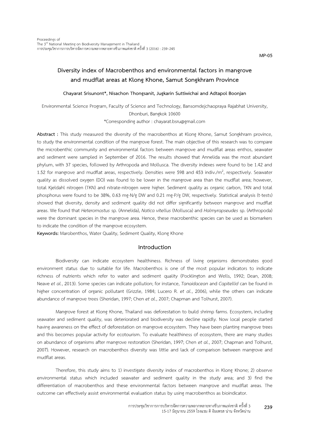 Diversity Index of Macrobenthos and Environmental Factors in Mangrove