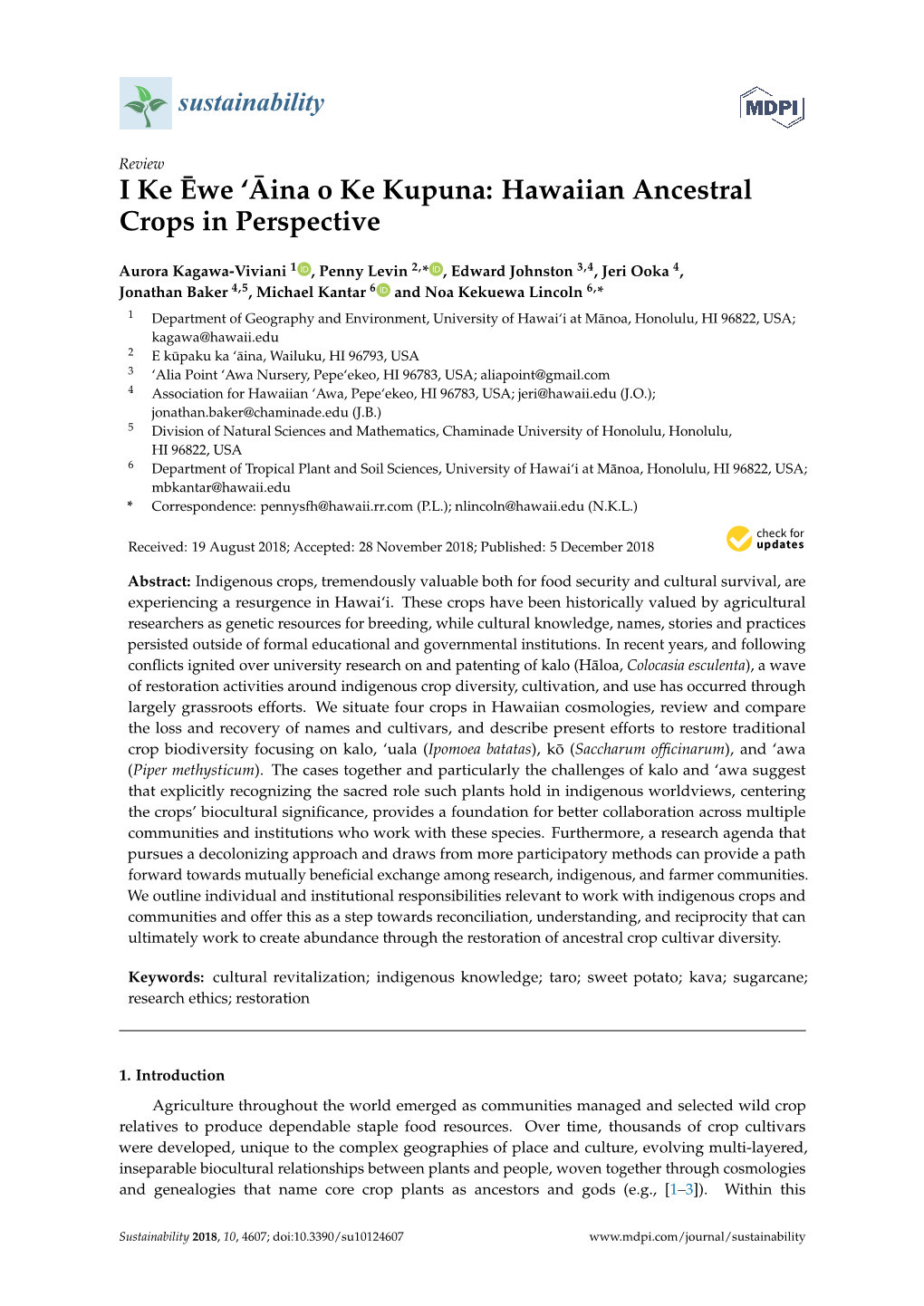 Aina O Ke Kupuna: Hawaiian Ancestral Crops in Perspective