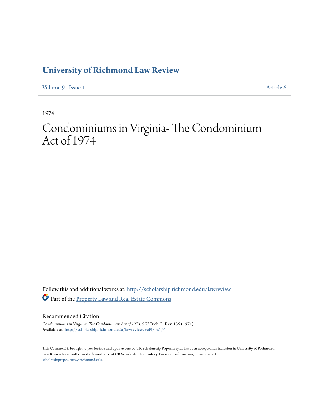 Condominiums in Virginia- the Ondominiumc Act of 1974