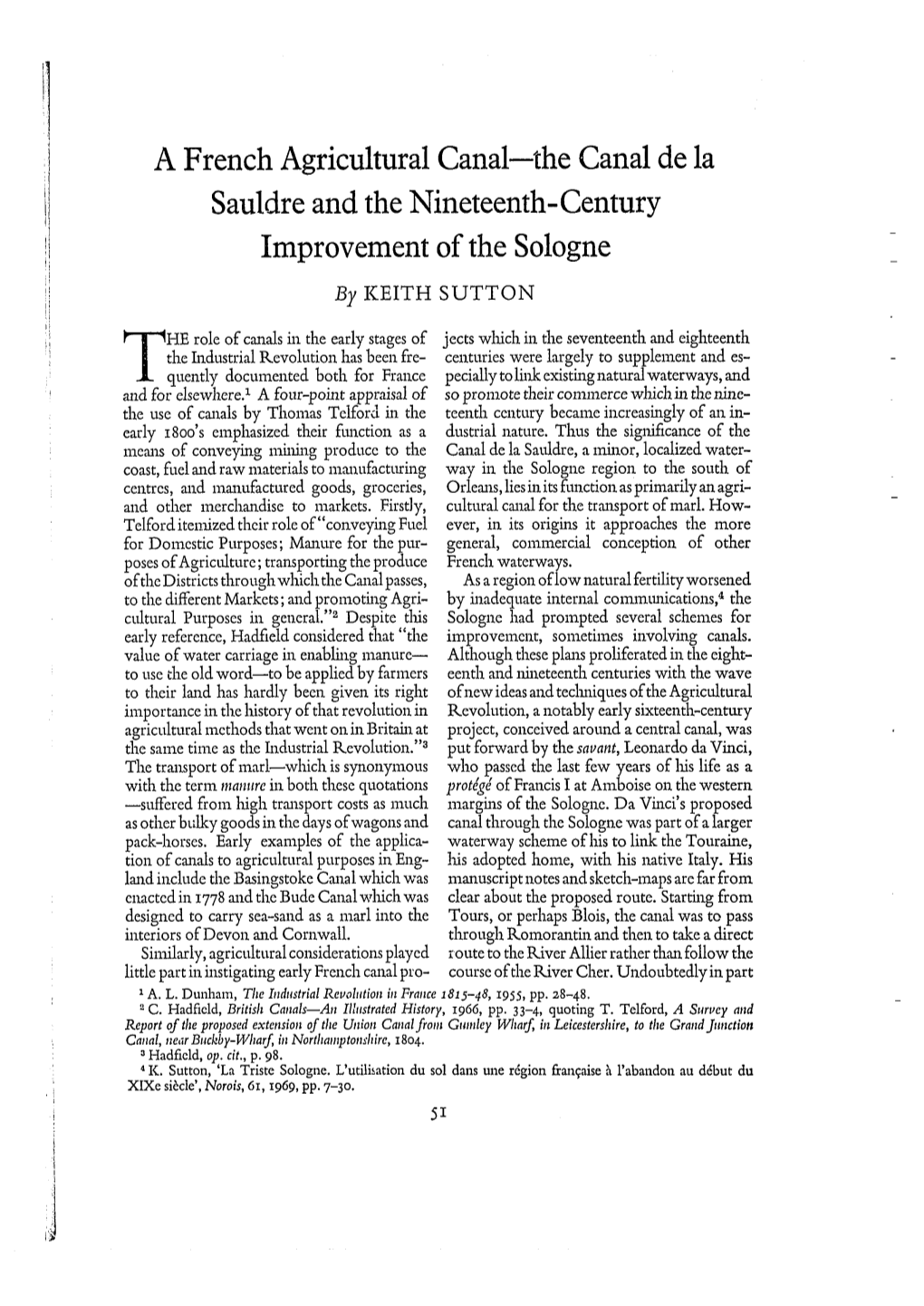 The Canal De La Sauldre and the Nineteenth-Century Improvement of the Sologne