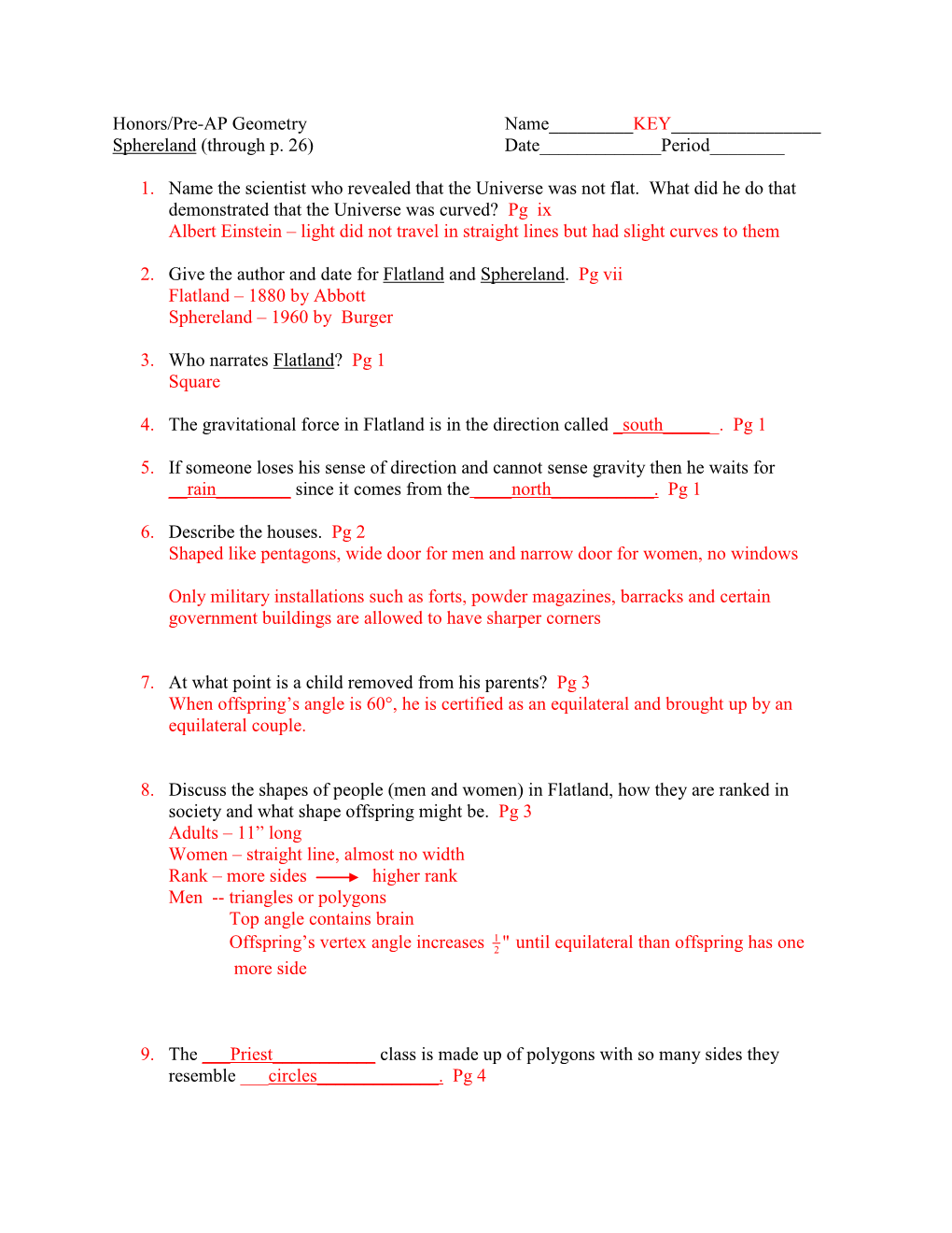 Honors/Pre-AP Geometry Name______KEY______Sphereland (Through P