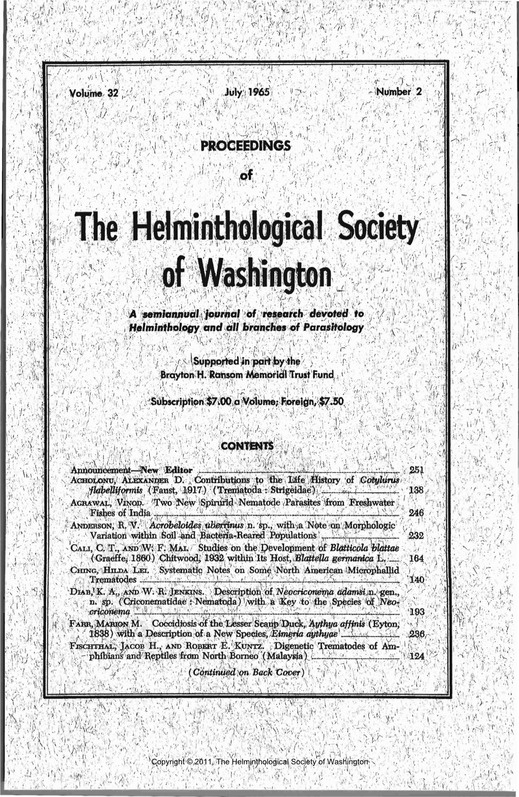 Proceedings of the Helminthological Society of Washington 32(2) 1965