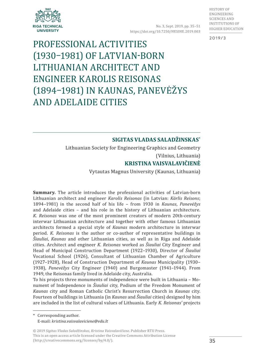 Professional Activities (1930–1981) of Latvian-Born Lithuanian Architect and Engineer Karolis Reisonas (1894–1981) in Kaunas