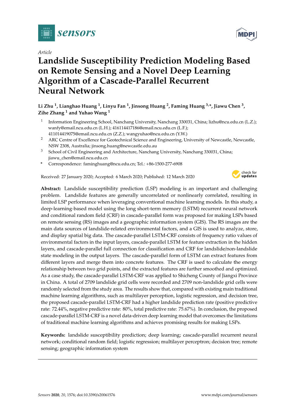 Landslide Susceptibility Prediction Modeling Based on Remote Sensing and a Novel Deep Learning Algorithm of a Cascade-Parallel Recurrent Neural Network