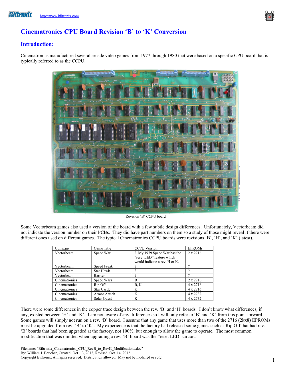 Cinematronics CPU Board Revision 'B' to 'K' Conversion