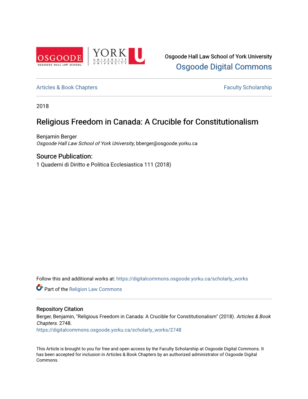 Religious Freedom in Canada: a Crucible for Constitutionalism