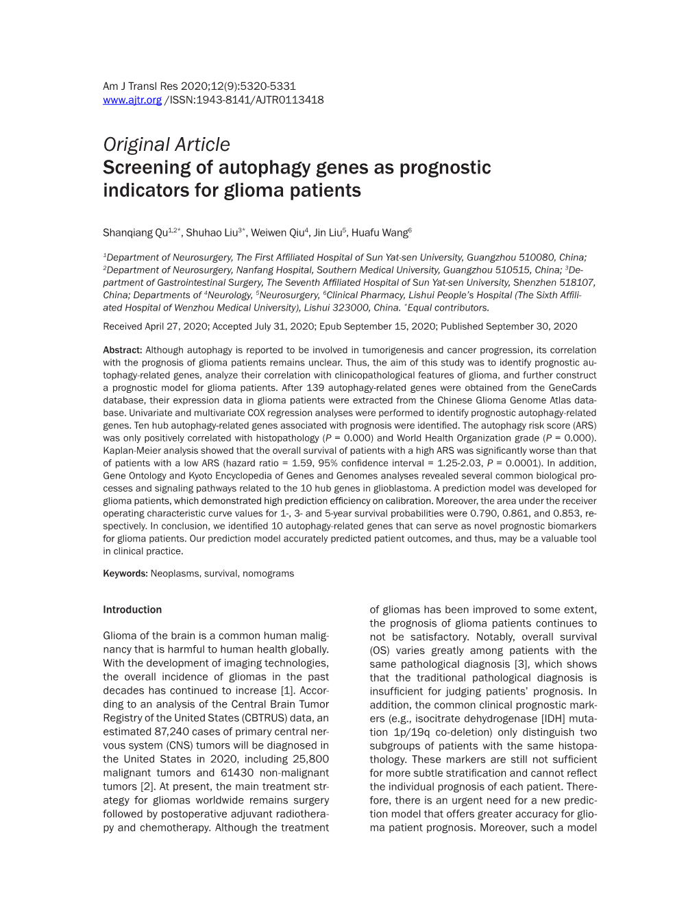 Original Article Screening of Autophagy Genes As Prognostic Indicators for Glioma Patients