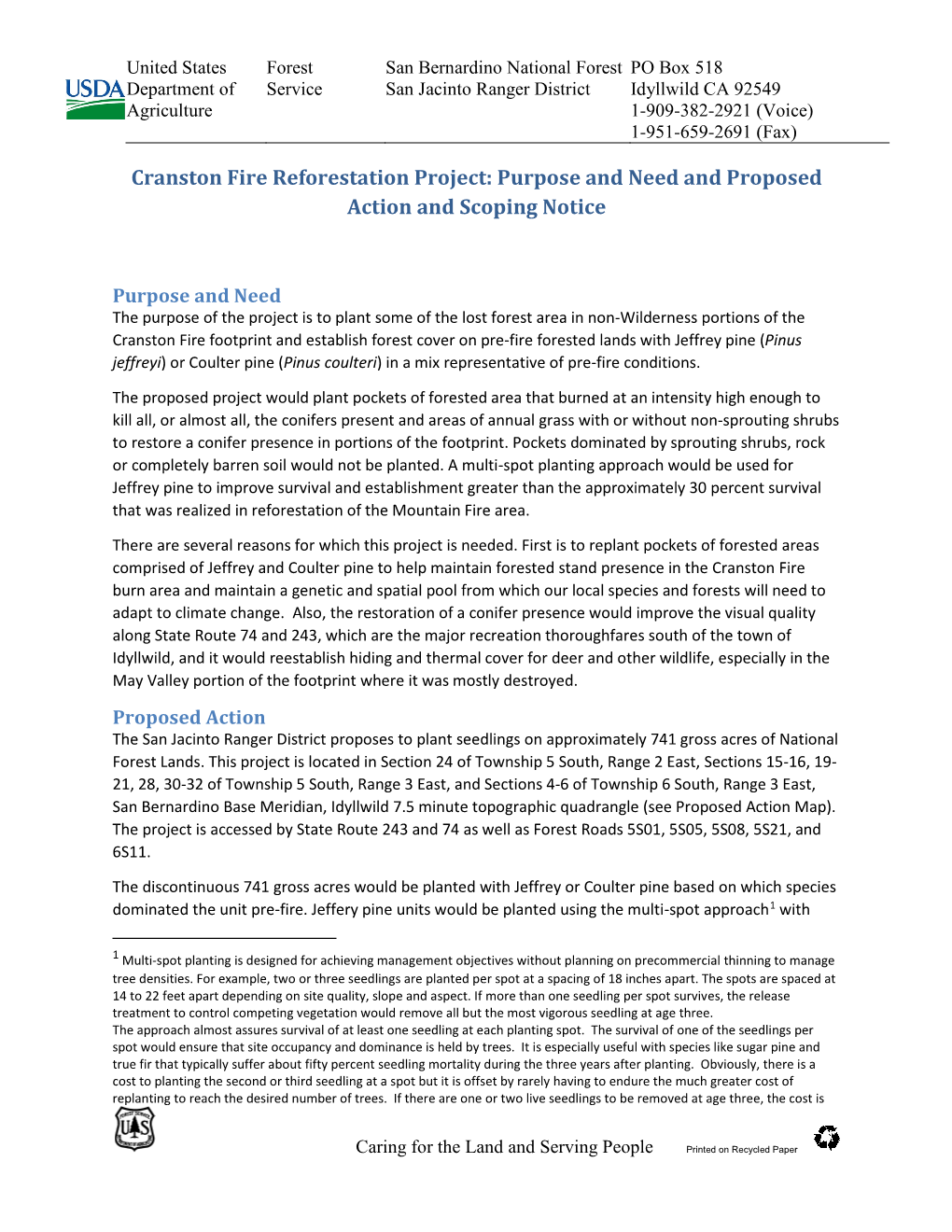 Cranston Fire Reforestation Project: Purpose and Need and Proposed Action and Scoping Notice