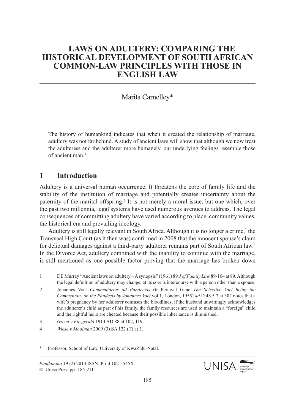 Laws on Adultery: Comparing the Historical Development of South African Common-Law Principles with Those in English Law