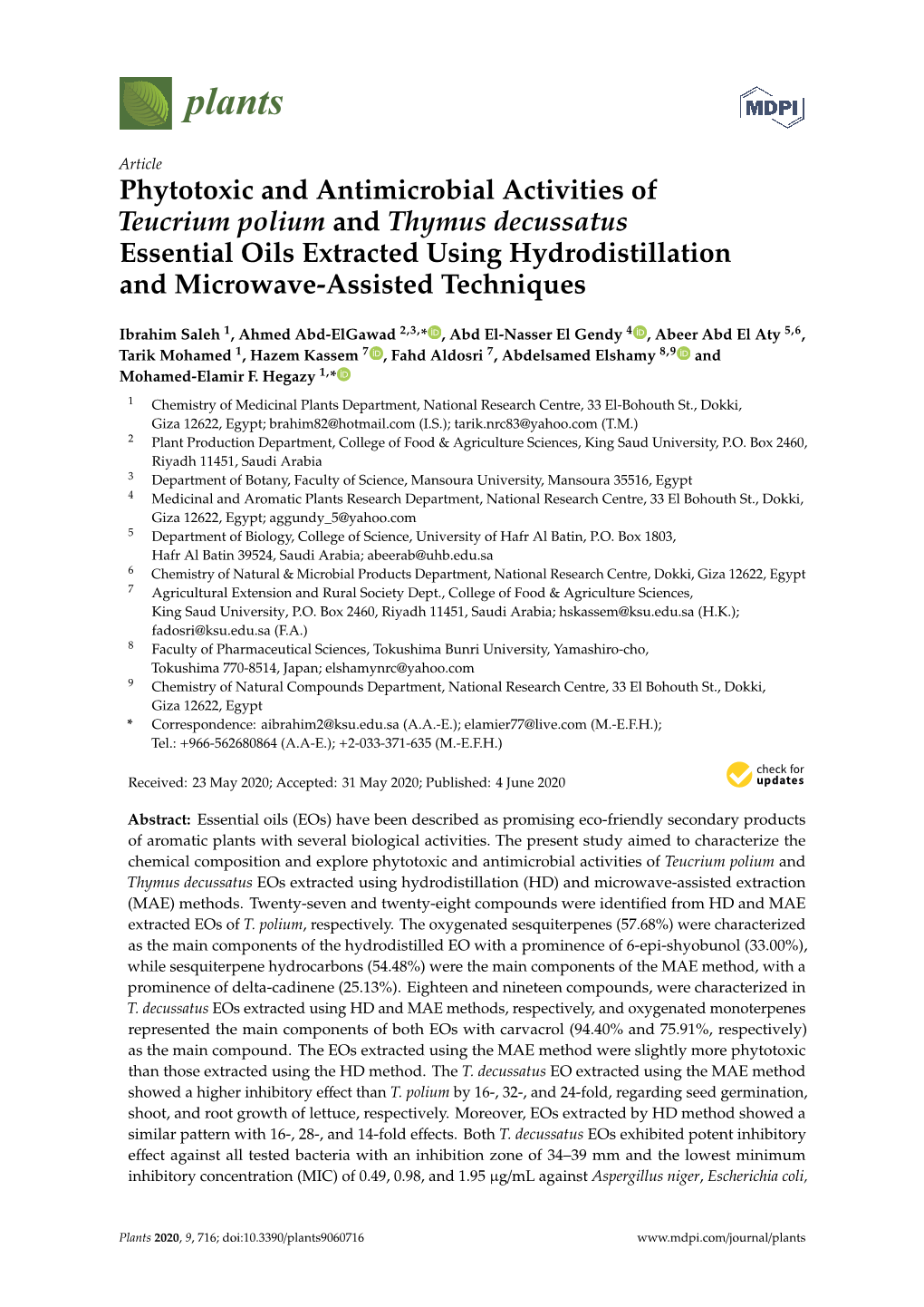 Phytotoxic and Antimicrobial Activities of Teucrium Polium and Thymus Decussatus Essential Oils Extracted Using Hydrodistillation and Microwave-Assisted Techniques
