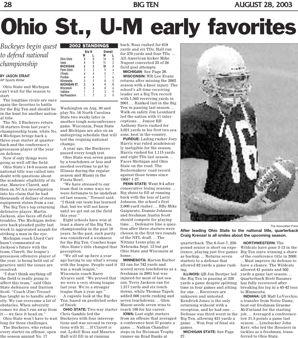 BIG TEN AUGUST 28, 2003 Ohio St., U-M Early Favorites