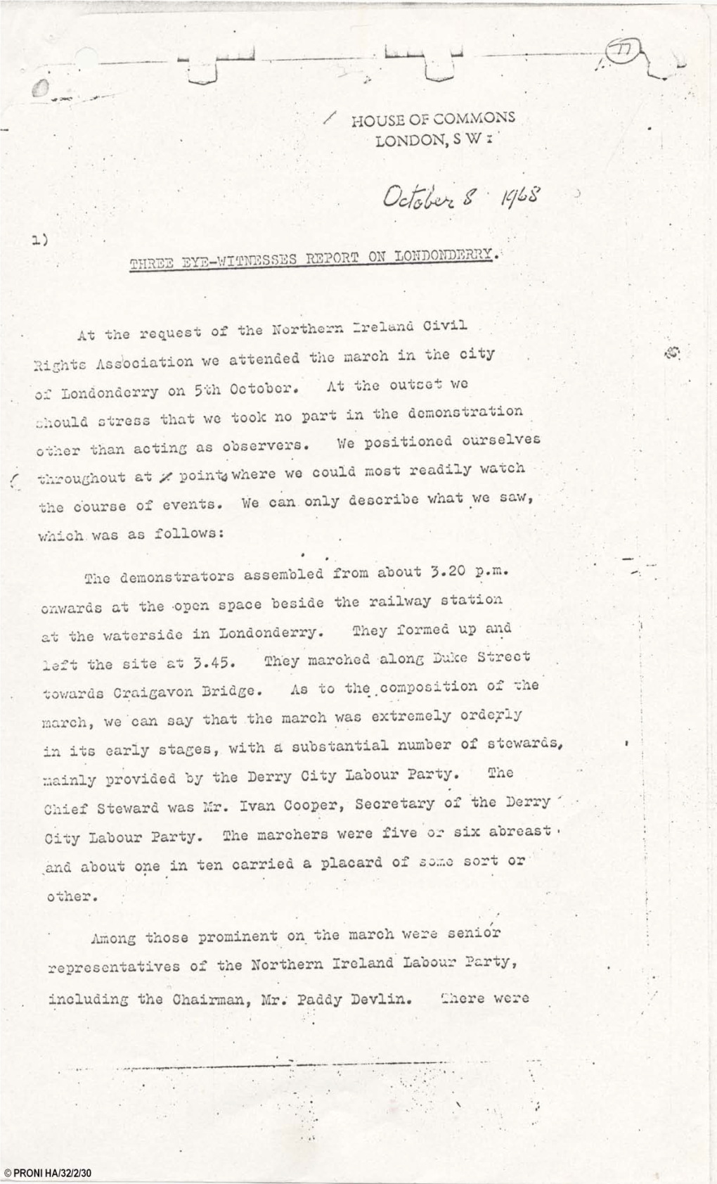 (8 October 1968), (Civil Rights; Derry March), [PRONI Public Records