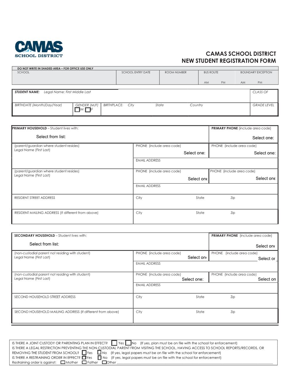 Camas School District New Student Registration Form