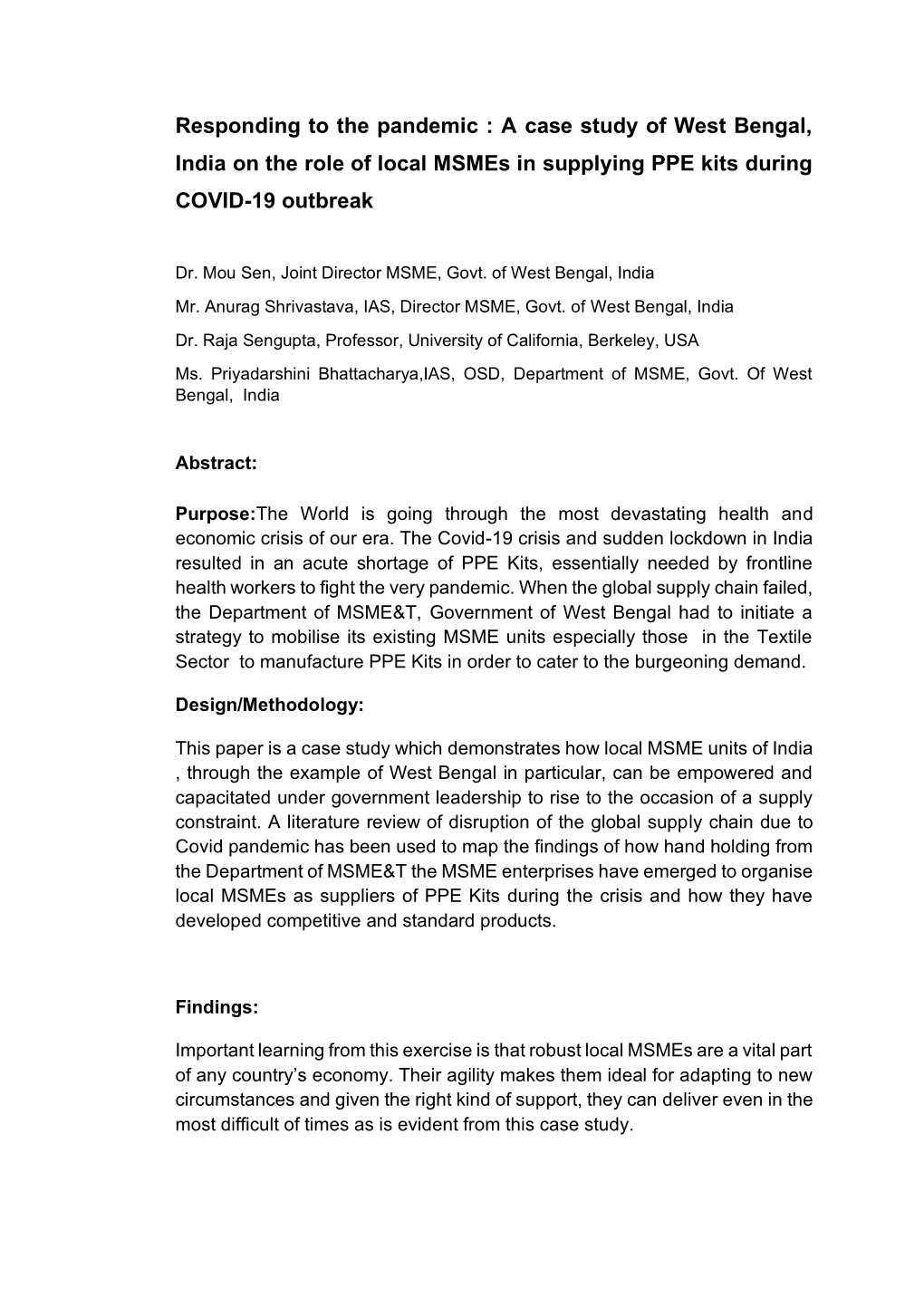 A Case Study of West Bengal, India on the Role of Local Msmes in Supplying PPE Kits During COVID-19 Outbreak